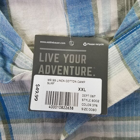 Eddie Bauer Camp Shirt Men's XXL Plaid Short Sleeve Button Up Blue Linen Cotton - Picture 14 of 16